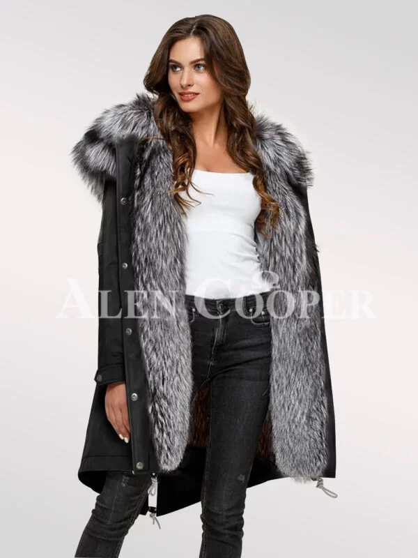More Aristocratic and Graceful With Ladies’ Scandinavian Silver Fox Fur Hybrid Black Parka Convertibles with Black Rabbit Liner - Image 2