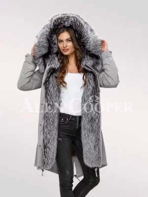 Scintillating Scandinavian Silver Fox Fur Hybrid Grey Parka Convertibles