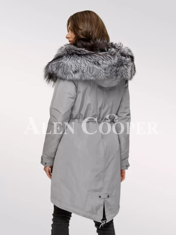 Scintillating Scandinavian Silver Fox Fur Hybrid Grey Parka Convertibles with Rabbit Liner for Today’s Women - Image 3