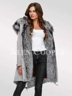 Scintillating Scandinavian Silver Fox Fur Hybrid Grey Parka Convertibles view