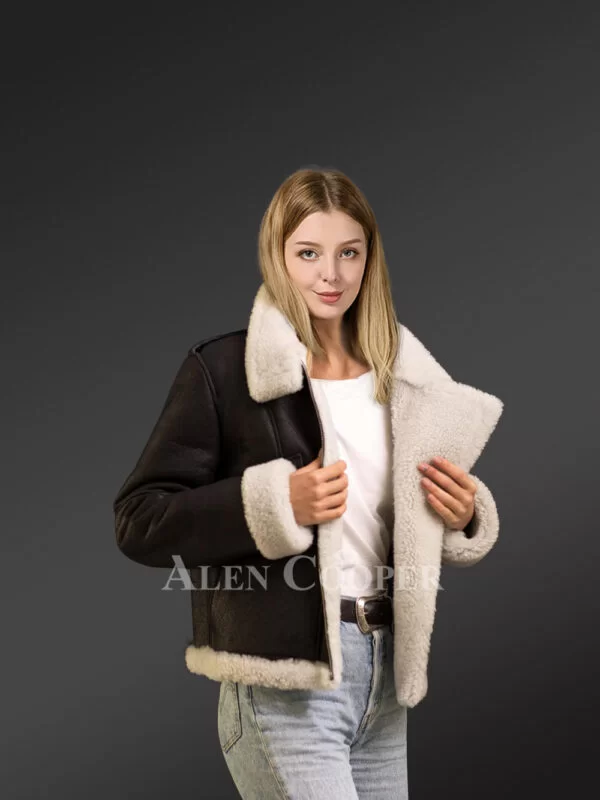 Shearling Jacket For Womens In Black With Box Style Pockets