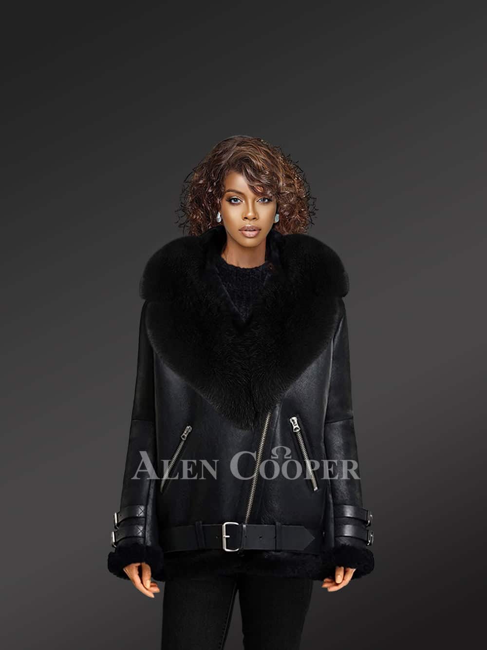 Gray Shearling Jacket with Fox Collar