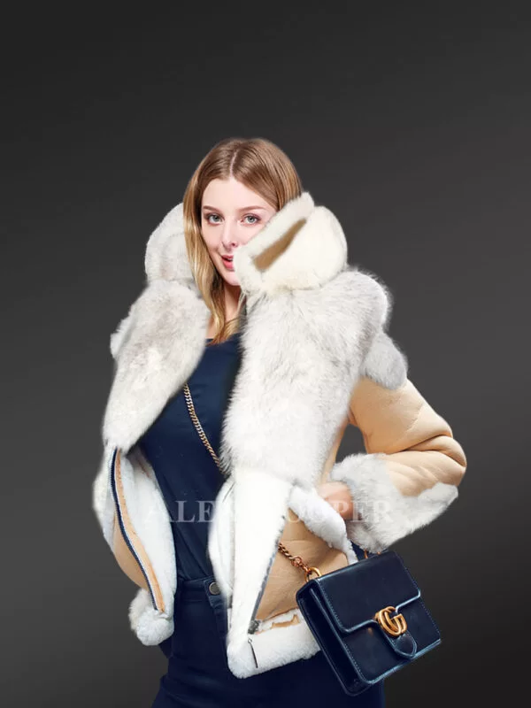 Sheepskin Shearling Jacket for Women in Beige - Image 3
