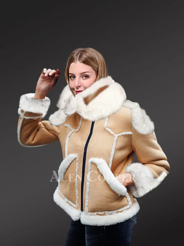 Sheepskin Shearling Jacket for Women in Beige - Image 2