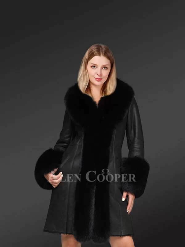 Womens Long Sheepskin Coat with Fox Fur Frontline - Image 4