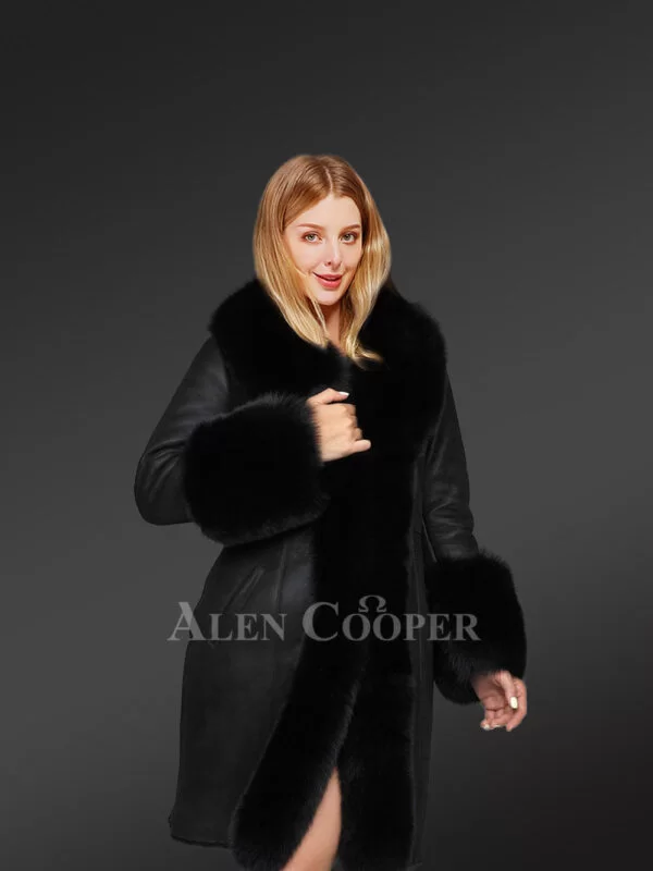 Womens Long Sheepskin Coat with Fox Fur Frontline - Image 3