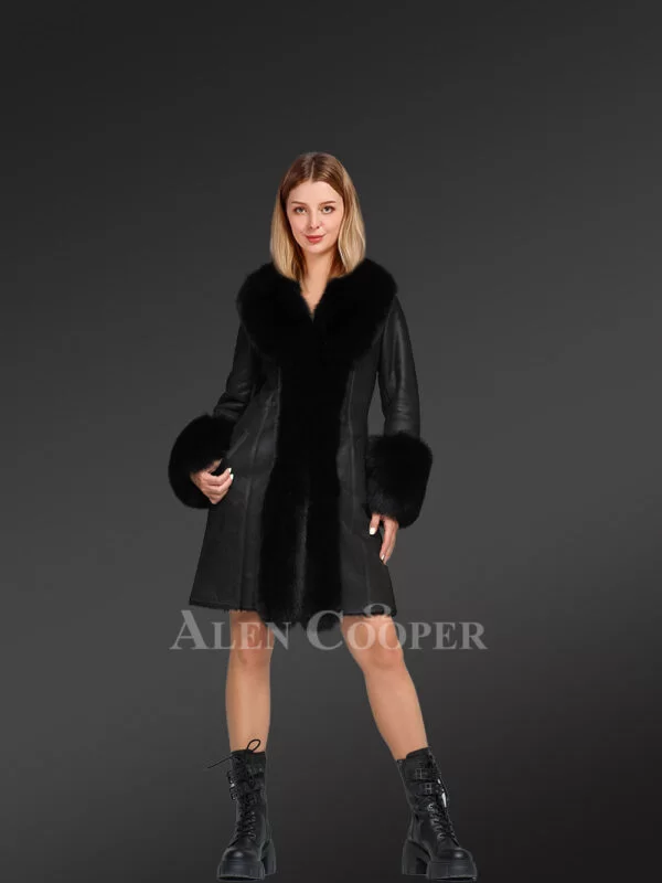 Womens Long Sheepskin Coat with Fox Fur Frontline - Image 2