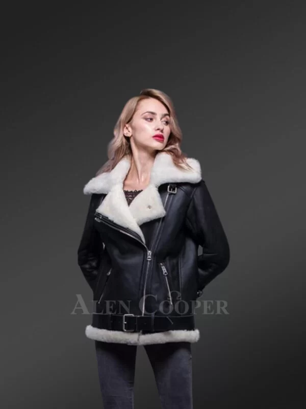 Sheepskin shearling jacket for women In Nappa Black Finish view