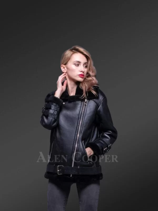 Sheepskin Shearling Jacket for Women with In-Built Belts - Image 2