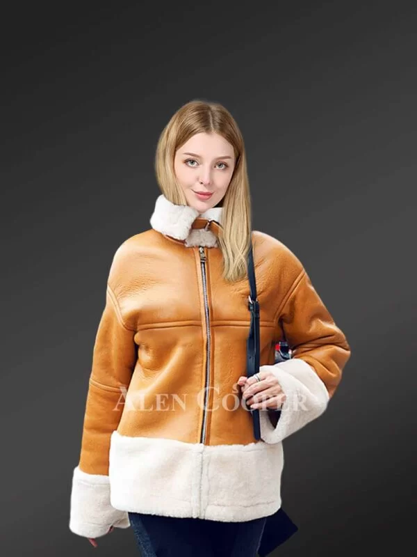 Sheepskin shearling jacket for women in Light brown