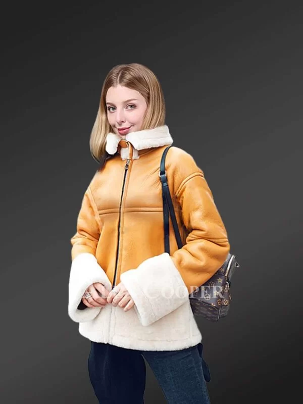Sheepskin Shearling Jacket for Women in Light Brown - Image 2