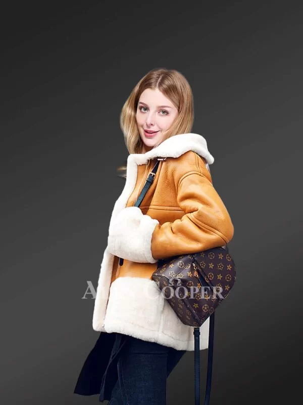 Sheepskin Shearling Jacket for Women in Light Brown - Image 3