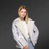 Sheepskin shearling jacket for women with white fur detailing