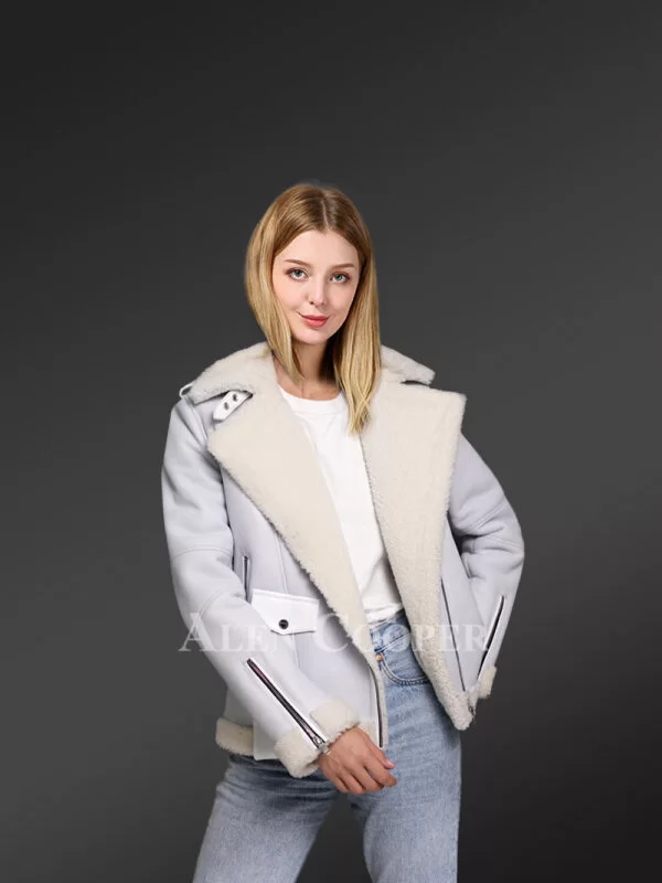 Sheepskin shearling jacket for women with white fur detailing