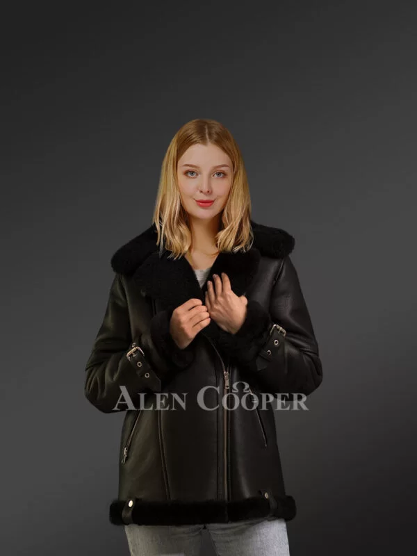 Sheepskin Shearling Jacket for Women in Cuff Belts - Image 2