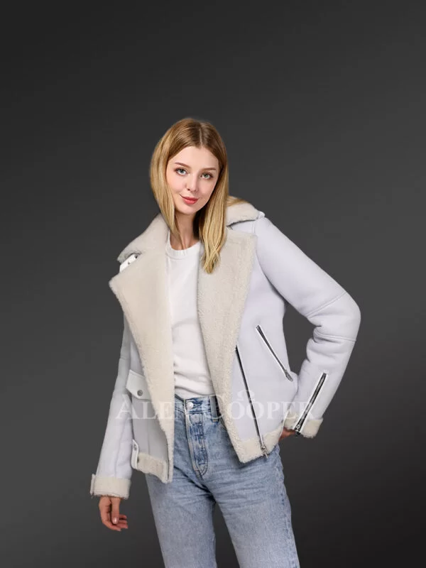 Sheepskin shearling jacket for womens with white fur detailing