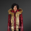 Short Length Leather Parka in Wine with Raccoon Fur Trim