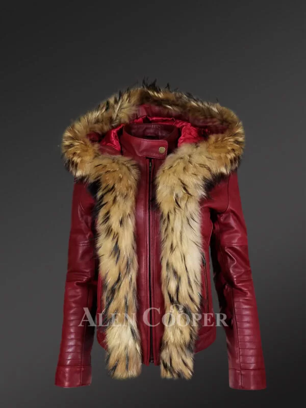 Raccoon Fur Trim Leather Jacket –A Hooded Chic Warm Wear - Image 3