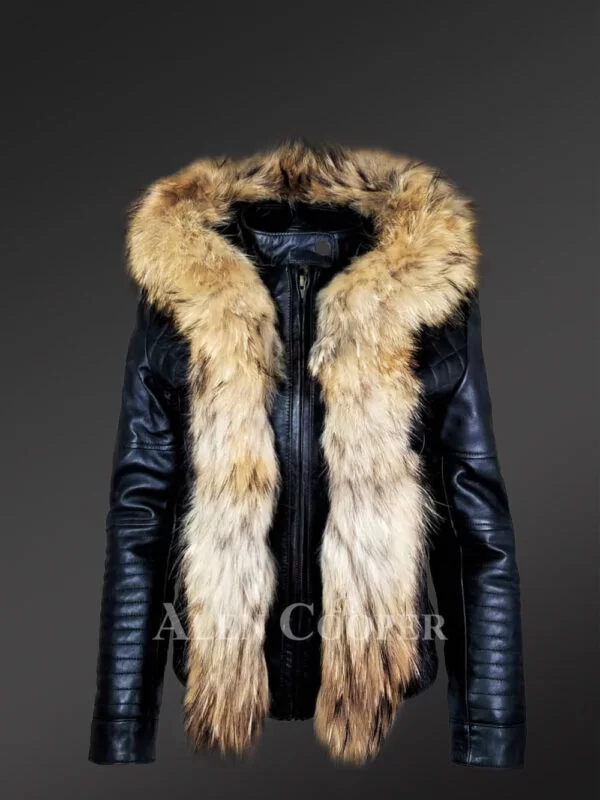 Short Length Leather Parka with Genuine Fur Trim - Image 3
