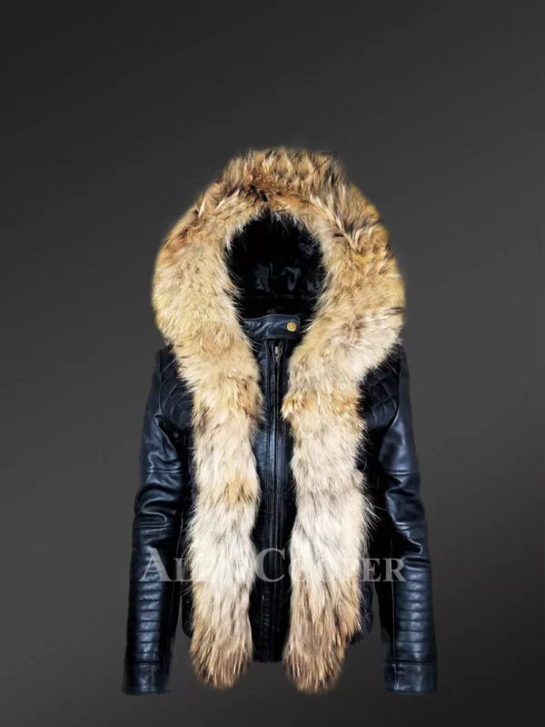 Short Length Leather Parka with Genuine Fur Trim - Image 4