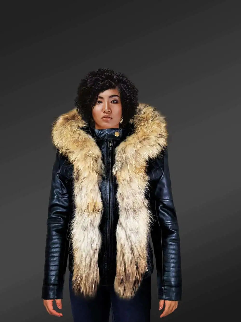 Short Length Leather Parka with Genuine Fur Trim - Image 2