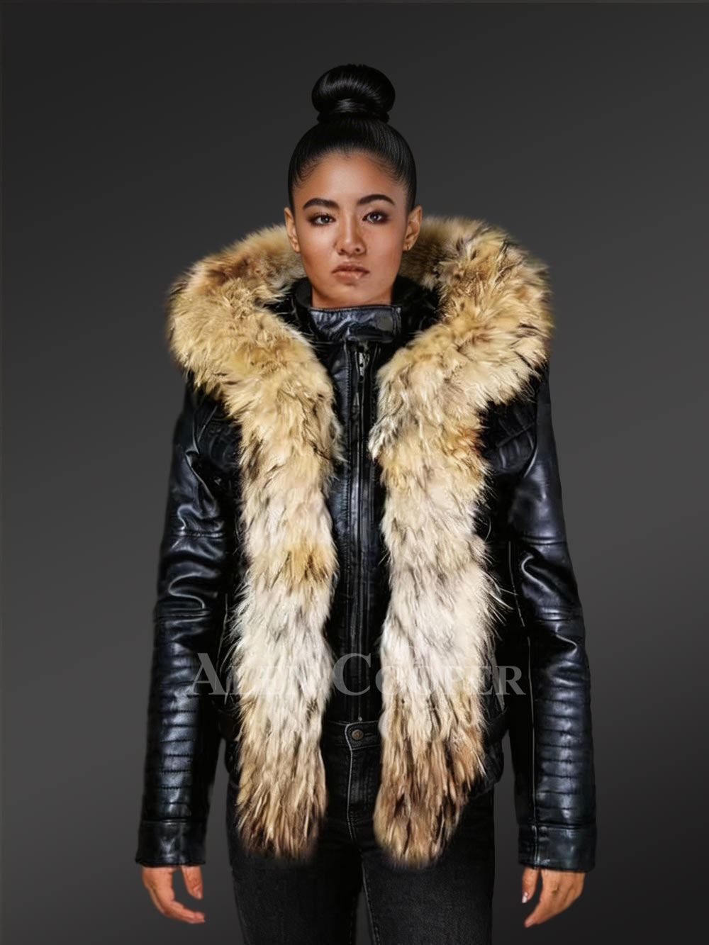 Short Length Leather Parka with Genuine Fur Trim