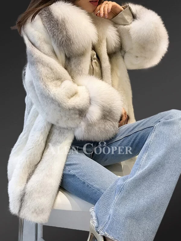 Silver-Cross Mink Fur Coat with Shadow-Blue-Frost Fox Fur Trim - Image 4