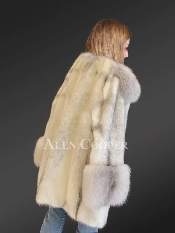 Silver-Cross Mink Fur Coat with Shadow-Blue-Frost Fox Fur Trim - Image 5
