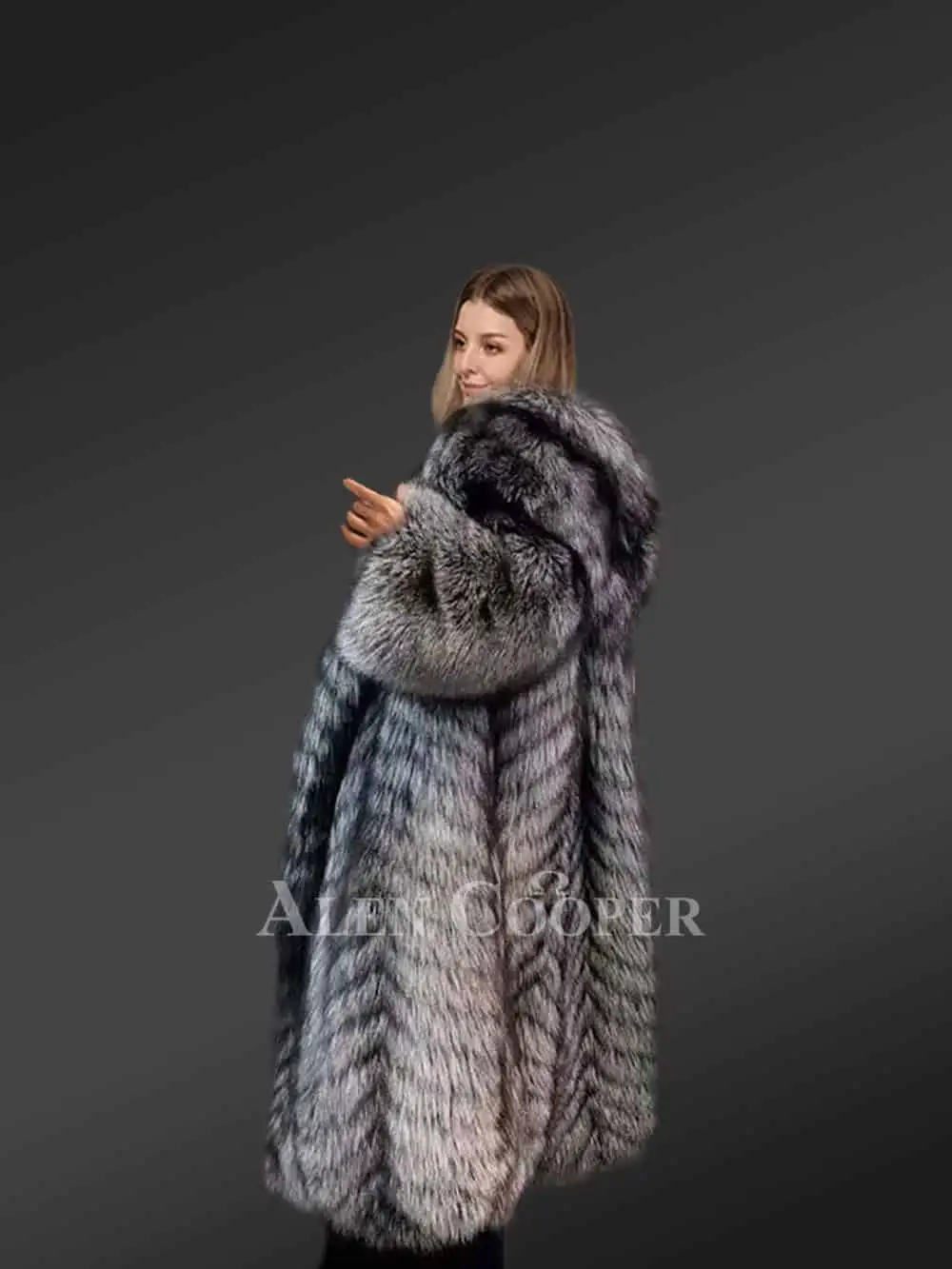 Premium Finland Silver Fox Fur Hooded Trench Coat - Image 3