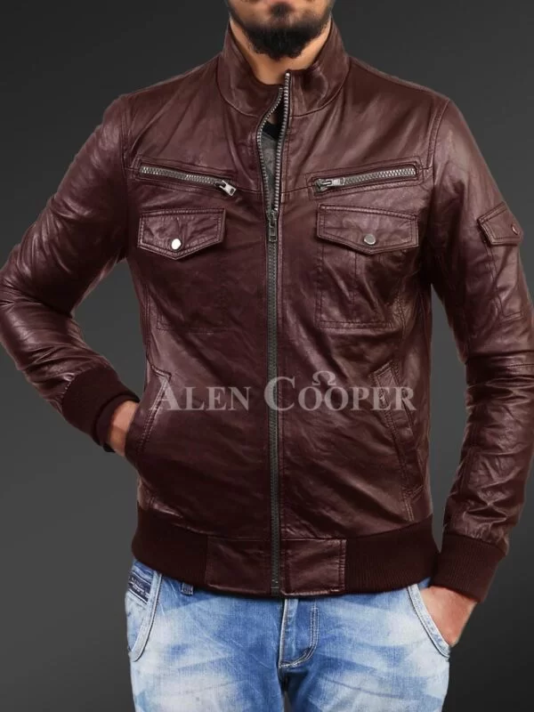 Slim Fit Pure N Smooth Real Leather Jacket with Double Faced Shearling Collar - Image 2