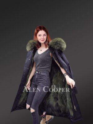 Solid long black parka with raccoon fur collar for women