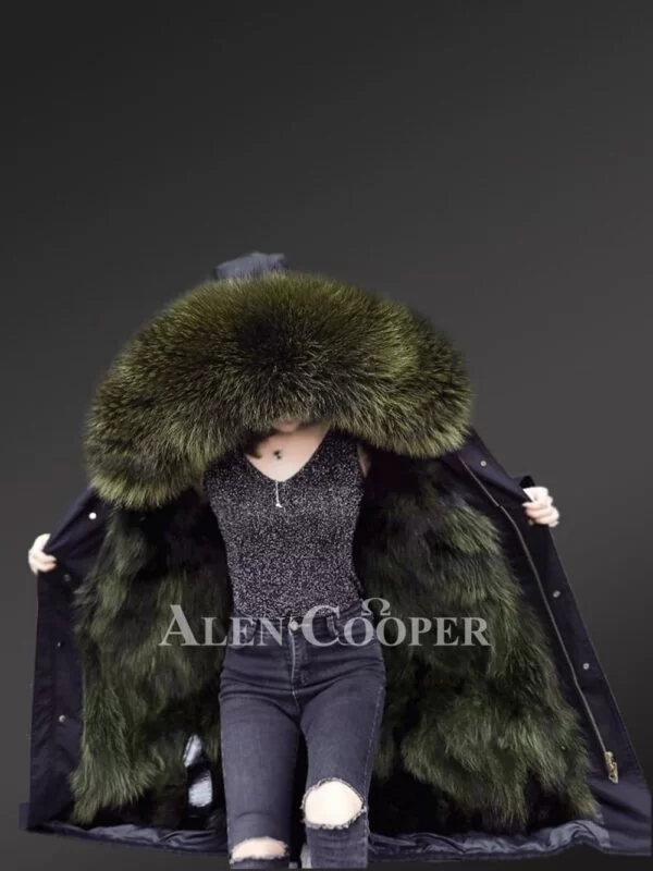 Raccoon Fur Long Parka with Detachable Vest and Fox Fur Hood - Image 2