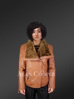 Stunning Tan Italian Leather Jacket with Shearling Collar for Women