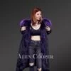 Stunning long black parka with voluminous purple hood for women