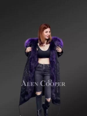 Stunning long black parka with voluminous purple hood for women