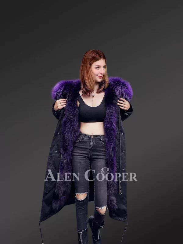 Stunning long black parka with voluminous purple hood for women