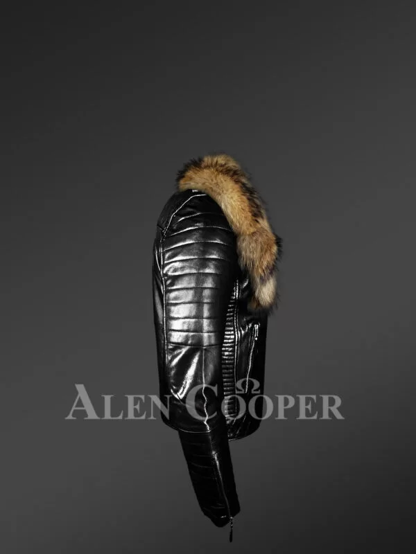 Black Biker Jacket with Raccoon Lapel – Be a Trendsetter - Image 3