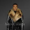 Stunning real leather lapel collar biker jacket with raccoon fur collar for mens