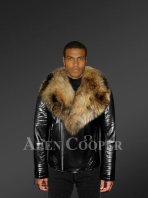 Stunning real leather lapel collar biker jacket with raccoon fur collar for mens