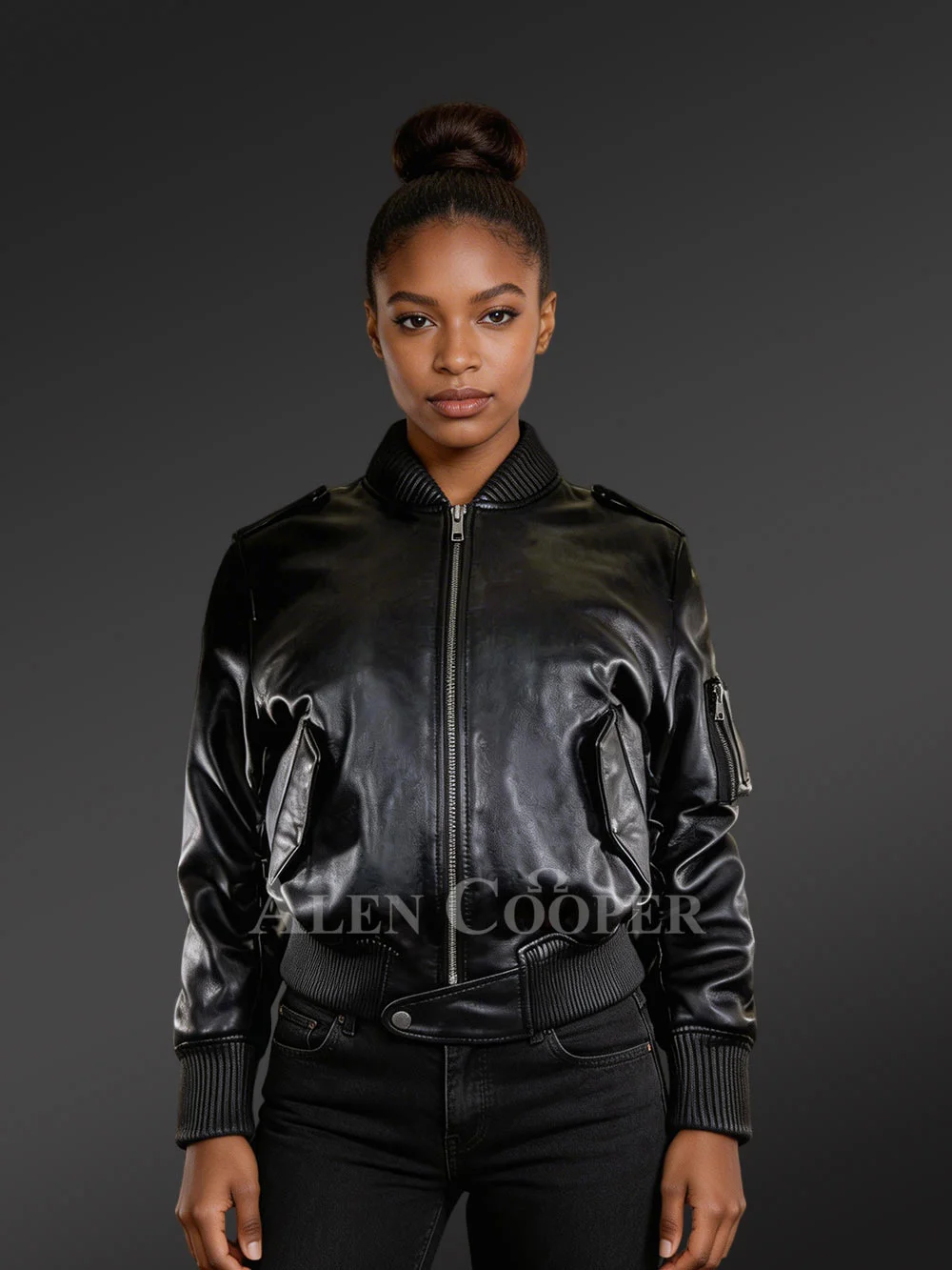 Stylish Leather Bomber Jacket with Flap Pockets and Popper Closure