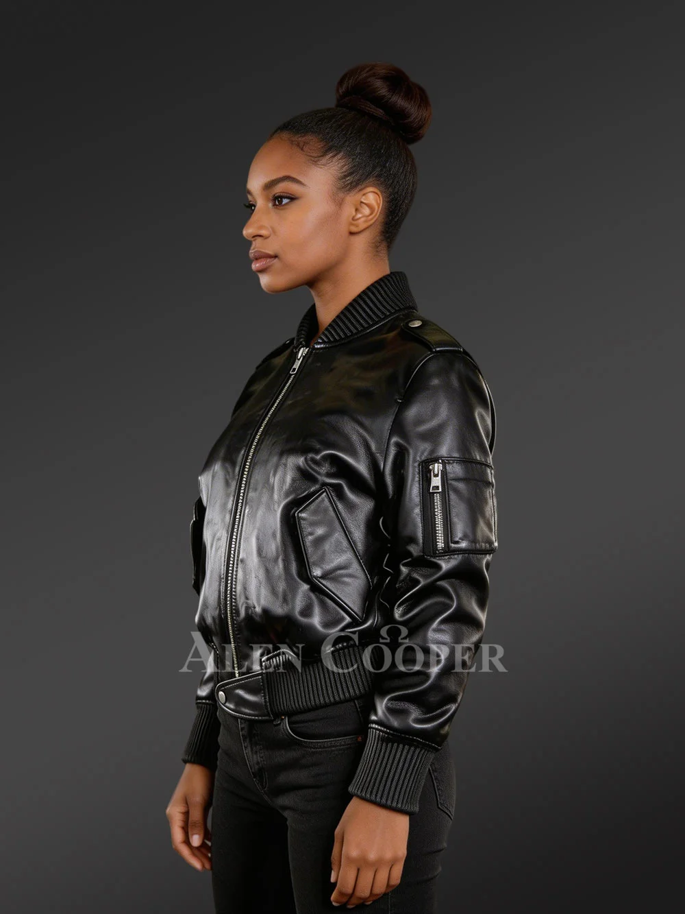 Stylish Leather Bomber Jacket with Flap Pockets and Popper Closure - Image 2