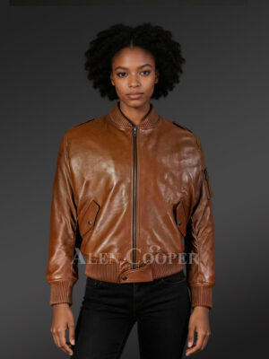 Stylish Leather Bomber Jacket in Tan