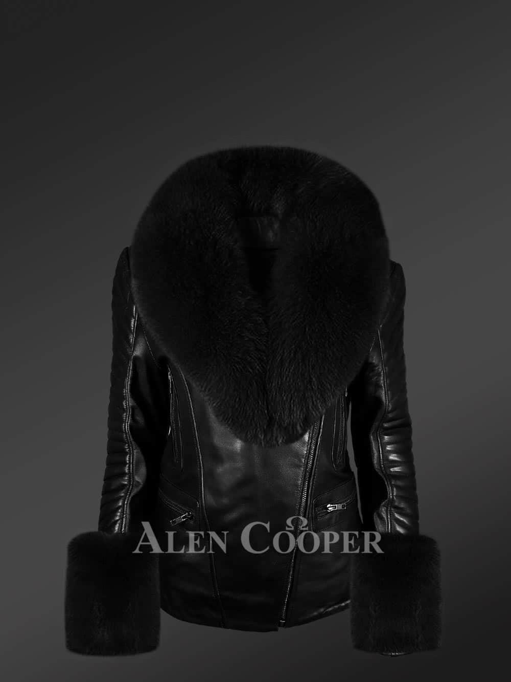 Stylish biker Jacket in leather with arctic fox fur broad collar & cuff
