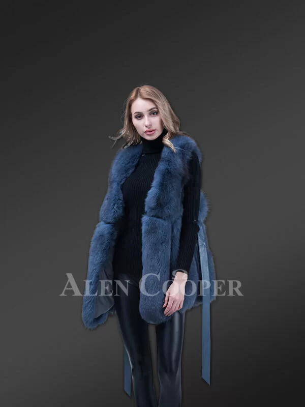 Stylish and Unique Real Fox Fur Incredibly Warm Winter Vest for Women in Blue - Image 2