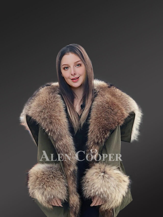 Stylish olive parka with extra large raccoon fur hood
