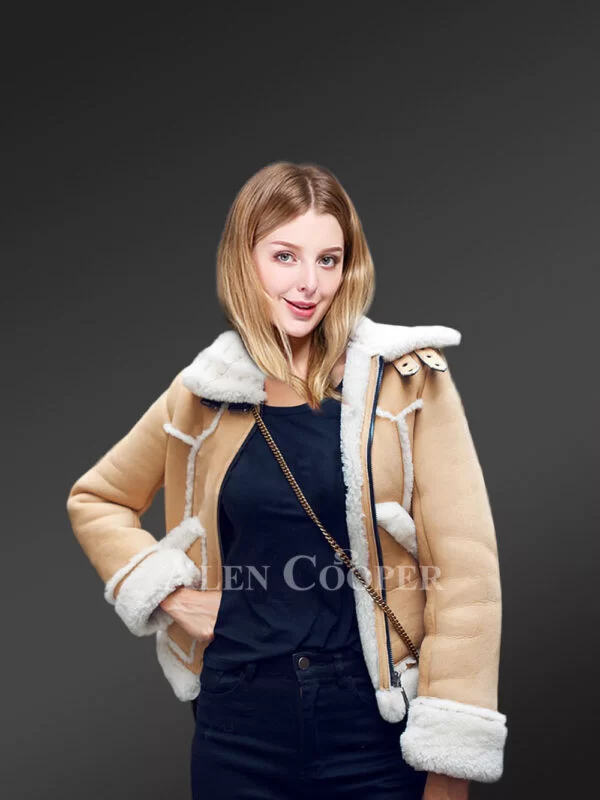 Suede Sheepskin shearling jacket for women in Beige