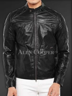 Super Soft Slim Fit Quilted Real Leather Jacket for Men in Black