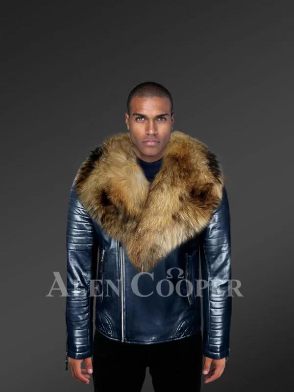 Super Stylish Real Leather Winter Biker Jacket with Raccoon Fur Collar for Men