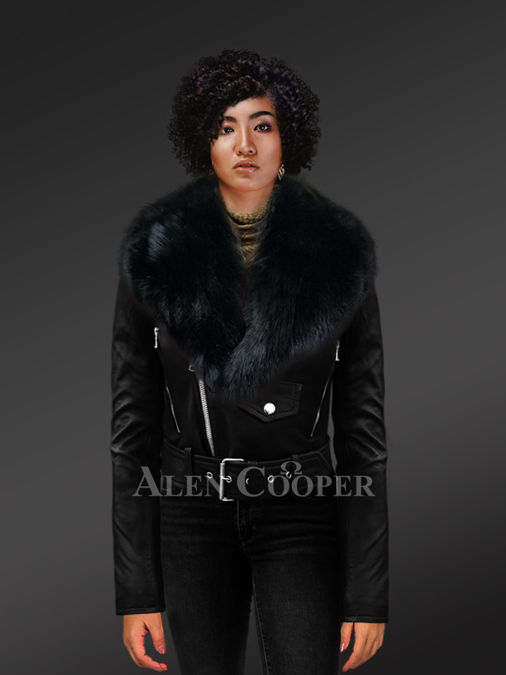Super Stylish and Trendy Real Leather Black Biker Jacket with Pure Black Fox Fur Collar