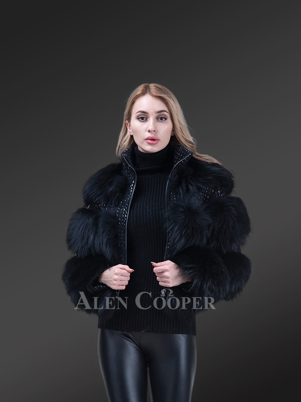 coal black real fox fur short winter coat for women